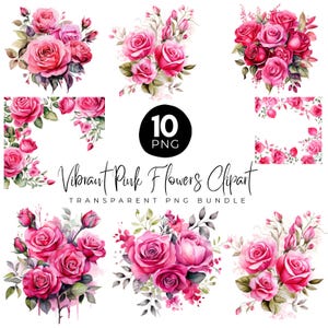Clipart floral rosa vibrante, borde rosa brillante PNG, flores vibrantes, clipart floral ruborizado para boda, flor floral de acuarela rosa intenso