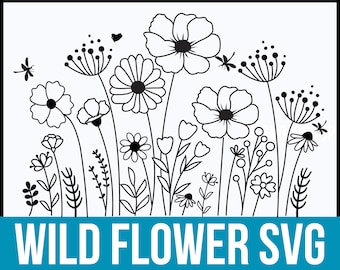 Wilde bloemen svg, bloemen svg, wilde bloem svg, bloem schets svg, boeket SVG, natuur svg, bloemen frame svg, gespleten monogram svg