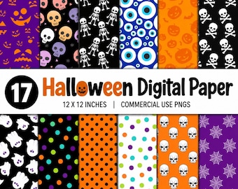 17 Halloween Digital Paper Bundle, Vintage Halloween Png, Classic Halloween Scrapbook Paper, Pink And Orange Halloween, Skull Spider Texture