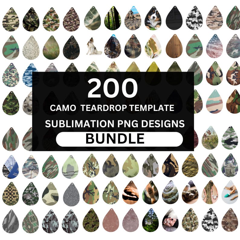 May include: A selection of 200 camo teardrop template sublimation PNG designs. The designs include diverse camouflage patterns, animal prints, and natural scenes. The text "200 CAMO TEARDROP TEMPLATE SUBMLIMATION PNG DESIGNS BUNDLE" is displayed in the centre.