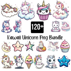 120+ Kawaii Unicorn PNG Bundle, Clipart di unicorno carino, Sublimazione di unicorno pastello, Adesivi fantasy magici, Grafica di unicorno dei cartoni animati