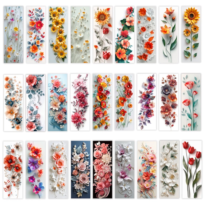 May include: A selection of floral bookmarks, each with a different arrangement of flowers in bright colours. The bookmarks display detailed petals and leaves, including sunflowers, roses, and tulips. The backgrounds are white, providing a clean contrast to the colourful flowers.
