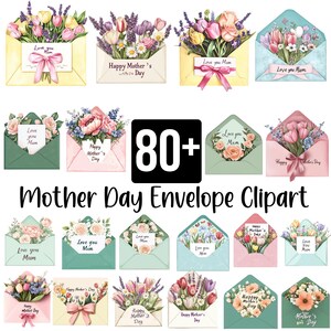 Más de 80 imágenes prediseñadas de sobres para el Día de la Madre, imágenes PNG de sobres florales, imágenes prediseñadas de cartas de amor para mamá, paquete de sublimación "Feliz Día de la Madre", imágenes PNG digitales