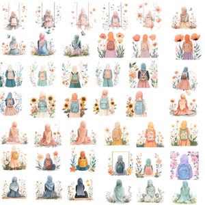 May include: Watercolor illustrations of girls wearing hijabs and backpacks, surrounded by flowers. The girls are depicted in various poses, some sitting, some on swings, and some with sunflowers. The color palette includes soft pastels and floral accents.