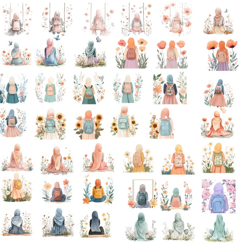 May include: Watercolor illustrations of girls wearing hijabs and backpacks, surrounded by flowers. The girls are depicted in various poses, some sitting, some on swings, and some with sunflowers. The color palette includes soft pastels and floral accents.