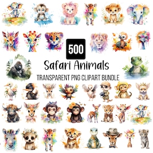 500 cliparts aquarelle Safari bébé animaux, animaux de safari PNG, chambre d'enfant Safari, anniversaire éléphant girafe tigre singe, animaux de safari mignons