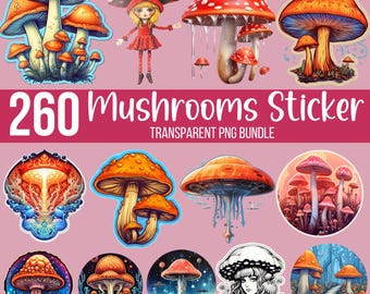 260 Cute Mushroom Stickers Bundle, Colorful Mushroom Png, Transparent Background, Planner Stickers, Digital Download