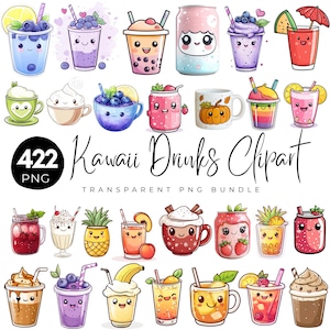 Puede incluir: Una colección de 422 imágenes prediseñadas de Kawaii Drinks en formato PNG. Las ilustraciones presentan varias bebidas, incluyendo batidos, té de burbujas y zumo, cada una con un diseño lindo de dibujos animados. Las bebidas son de varios colores.