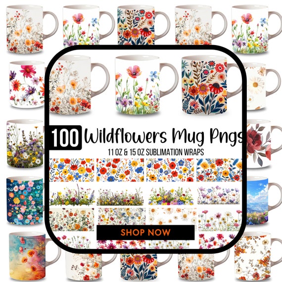 Wildflowers mug sublimation designs, watercolor floral 11oz mug wraps png, Spring mug template designs, Flower Mug Sublimation Design