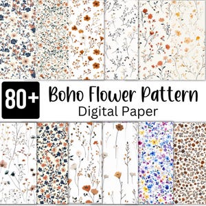 May include: A digital paper pack with 80+ boho flower patterns. The patterns feature various floral designs in shades of blue, brown, orange, and yellow on a white background. The text "80+ Boho Flower Pattern Digital Paper" is displayed at the bottom of the image.