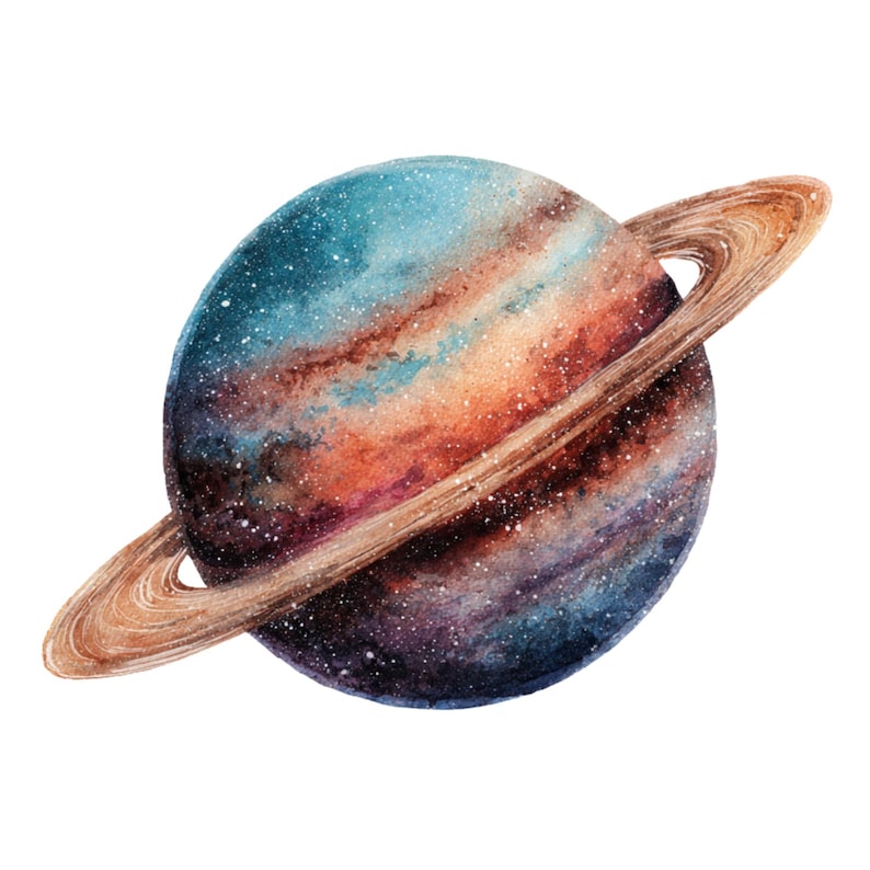 May include: Watercolor illustration of Saturn, featuring a blue and orange planet with a brown ring system. The planet has a galaxy-like appearance with white speckles. The artwork is set against a white background.