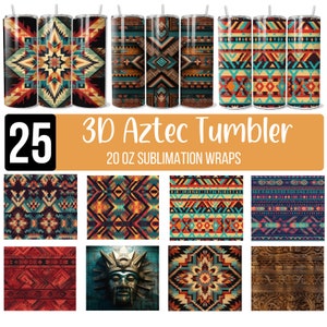 May include: 25 3D Aztec Tumbler 20 oz Sublimation Wraps. A set of 25 sublimation wraps featuring colorful geometric patterns in shades of red, orange, yellow, blue, green, and black. The designs include Aztec-inspired motifs, such as stars, diamonds, and triangles.