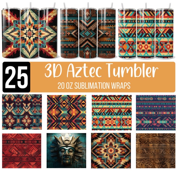 25 Aztec Tumbler Wrap PNG Bundle, Aztec Pattern png, 20oz Skinny Western Tumbler, Tooled Leather Aztec PNG, Western Mom Sublimation Design