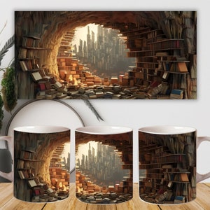 May include: Three white ceramic mugs with a design of a cave filled with books and a city skyline visible through a hole in the cave.