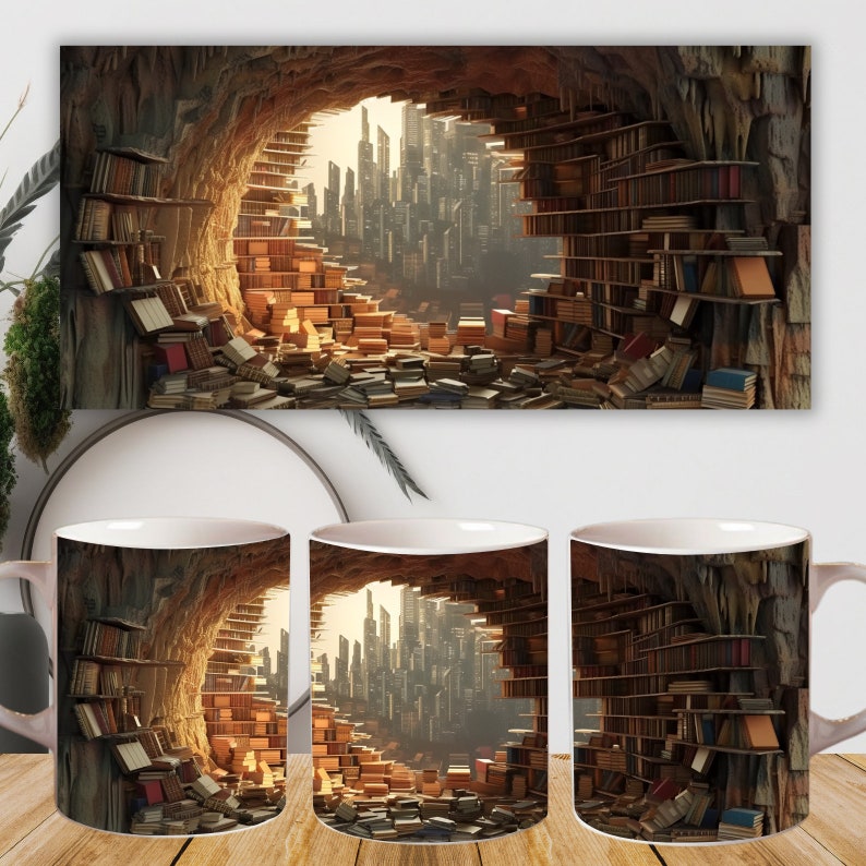 May include: Three white ceramic mugs with a design of a cave filled with books and a city skyline visible through a hole in the cave.