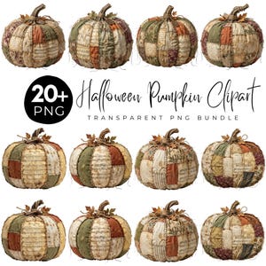 Peut inclure: Une collection numérique de plus de 20 images clipart de citrouilles d'Halloween avec des motifs en patchwork dans des tons orange, vert et crème. Chaque citrouille présente des tissus variés, incluant des partitions et des motifs floraux.