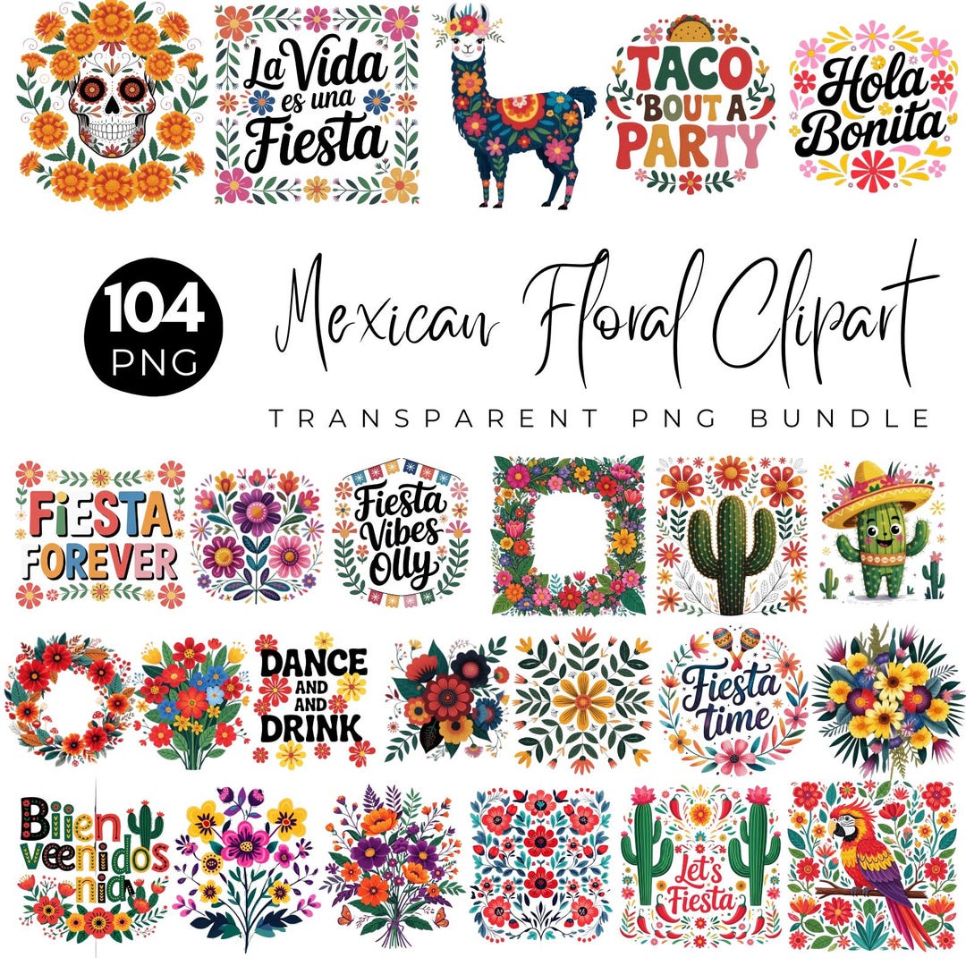 Mexican Floral Clipart Bundle, Fiesta Flowers PNG, Sugar Skull Clipart ...