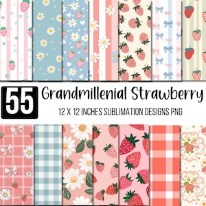 May include: A collection of 55 sublimation designs, each 12 x 12 inches, featuring various patterns. Designs include strawberries, daisies, bows, stripes, and gingham in pastel pink, blue, and white colors. The text "Grandmillenial Strawberry" is also present.