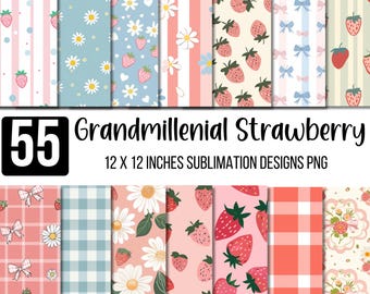 55 Strawberry digital paper, Grandmillennial PNG bundle, Vintage floral seamless paper, 12x12 Sublimation background, Pink strawberry paper