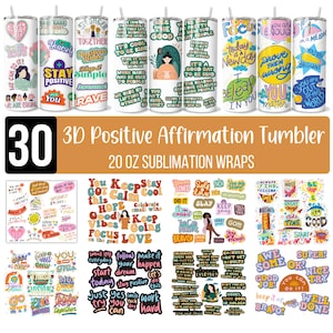Puede incluir: Treinta envolturas de sublimación de 20 onzas para vasos con afirmaciones positivas y citas motivacionales. Los diseños incluyen ilustraciones coloridas y tipografía con frases como "You Got This", "Keep Calm", "Stay Cool", "Good Vibes", "Focus Love", "Small Wins", "You Are Enough", "Be Kind", "Believe In You", "You Matter", "Start Today", "Just Try", "You Can", "Work Hard", "Make It Happen", "Let's Do This", "Awesome", "Brave", "Stay Positive", "Simple", "Keep Going", "Great Job", "Well Done", "Super", "Nice Try", "Keep It Up", "You Can Do It", "Prove Them Wrong", "You Are Brilliant", "You Are Out Of This World", y "In A Melon".