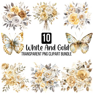 Pacchetto di clipart di farfalle bianche e dorate, farfalle floreali ad acquerello, farfalle blu pastello, farfalle con fiori bianchi e dorati png
