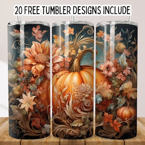 3D herfst bloemen 20 oz magere beker png, 3D boho pompoensublimatieontwerp, rechte bekeromslag, herfstbeker, digitale pompoenenomslag, png