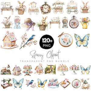 120+ Spring Clipart Bundle, Vintage Floral Elements, Bluebird, Watercolor Butterflies, Garden Decor, Cottagecore Aesthetic, Digital Download