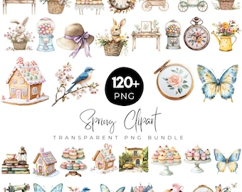 120+ Spring Clipart Bundle, Vintage Floral Elements, Bluebird, Watercolor Butterflies, Garden Decor, Cottagecore Aesthetic, Digital Download