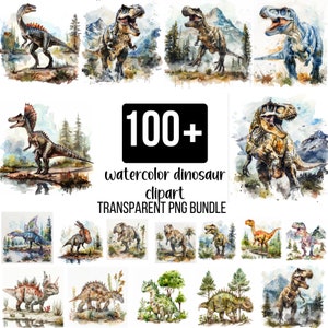 100 種類以上の水彩恐竜クリップアート バンドル、かわいい恐竜クリップアート、ティラノサウルス クリップアート、恐竜ベビーシャワー クリップアート、恐竜保育園の装飾