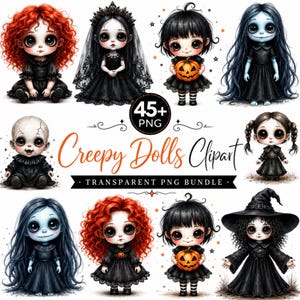 Puede incluir: Una colección digital de 45+ archivos PNG con ilustraciones de muñecas de ojos grandes con vestidos negros. Algunas tienen cabello rojo o negro, sostienen calabazas o llevan sombreros de bruja y velos. El texto dice 45+ PNG Creepy Dolls Clipart.
