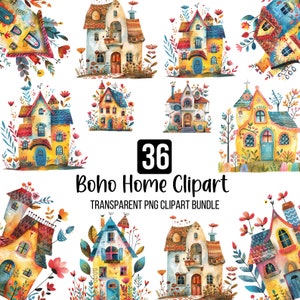 36 BOHO Home Clipart Png-bundel, grillige Junk Journal Boho House, gemengd Boho House, Floral Home Graphics Scrapbooking digitale download
