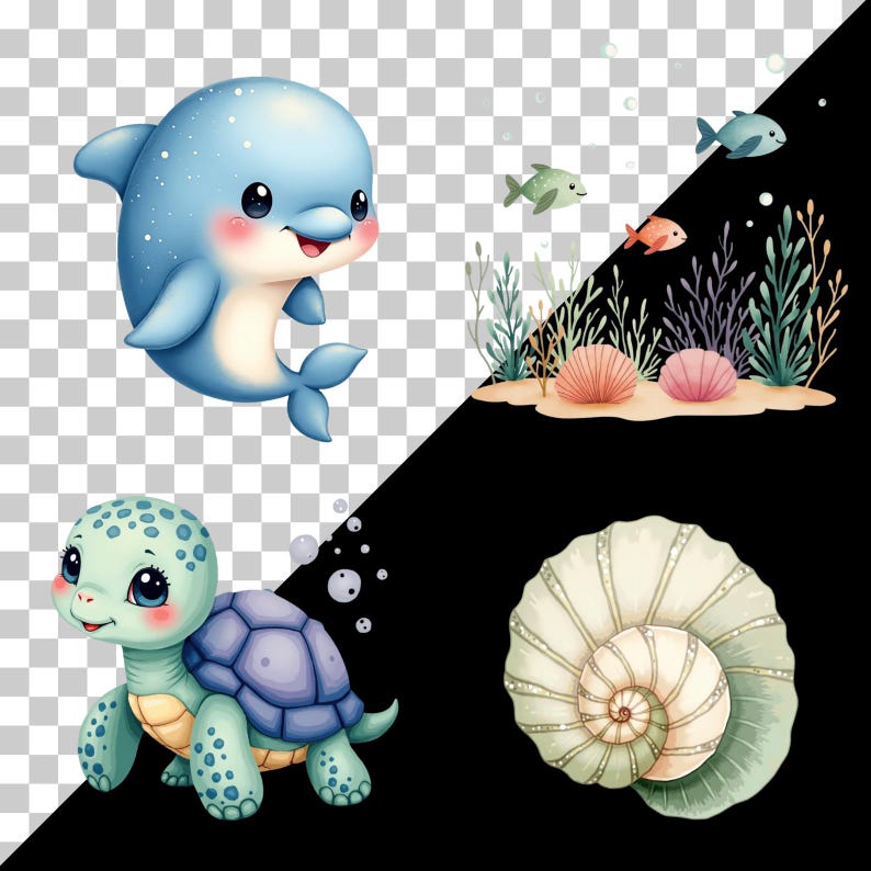 May include: Watercolor illustration featuring a light blue dolphin with white spots, a sea turtle, and a seashell. The image also includes a scene with coral, fish, and seashells. The style is whimsical and cartoon-like.