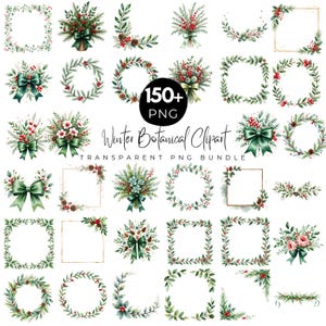 Può includere: Una collezione di clipart botaniche invernali in formato PNG. L'immagine presenta vari disegni ad acquerello, tra cui ghirlande, bouquet e cornici, con foglie verdi, bacche rosse e fiocchi verdi. Il testo "Winter Botanical Clipart" è anche visibile.
