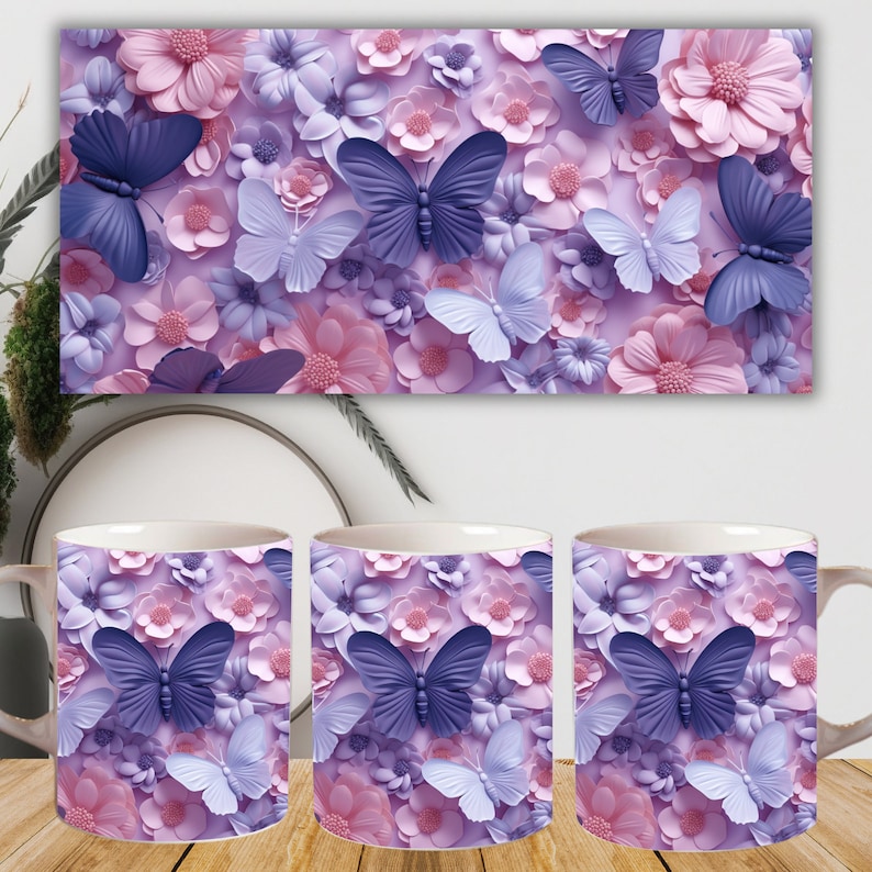 May include: Three white ceramic mugs with a purple and pink floral pattern featuring butterflies. The mugs are on a wooden surface.
