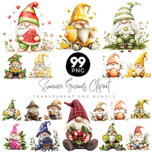 May include: A collection of watercolor illustrations featuring summer gnomes. The gnomes are depicted in various poses, holding items like watermelon, lemonade, and berries. The image includes the text "99 PNG" and "Summer Gnomes Clipart".