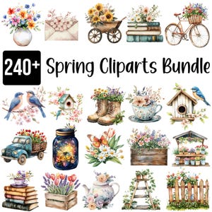 Paquete de más de 240 imágenes prediseñadas de primavera, ilustraciones florales en acuarela, casitas para pájaros, bicicletas y flores florecientes, jardinería y gráficos estéticos rústicos