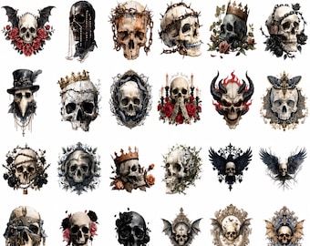 May include: A digital collection titled 50+ Gothic Skull Clipart Bundle featuring various illustrations of human skulls adorned with elements like roses, crowns, chains, bat wings, candles, and ravens in a dark, detailed artistic style.