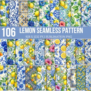 May include: A collection of 106 lemon seamless patterns in various designs. The patterns feature lemons, flowers, and foliage in shades of yellow, blue, and green. The text "106 LEMON SEAMLESS PATTERN" is displayed in white on a blue background.