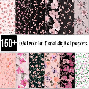 150+ Watercolor Floral Digital Paper Bundle, Seamless Flower Patterns, Printable Pink and Black Floral Scrapbook Paper, Spring Flower PNG