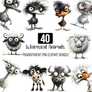 Skurrile lustige Tiere Clipart Png Bundle, schrullige Tiere Clipart, verrücktes Haar Tier, lustige Tiere Png, digitaler Download