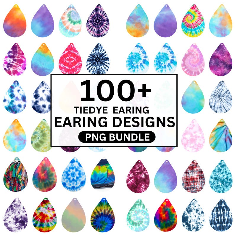 May include: A collection of over 100 tie-dye earring designs in a PNG bundle. The earrings are teardrop-shaped with various colorful patterns, including swirls, spirals, and marbled effects. The designs feature a range of colors, such as blue, pink, orange, and purple.