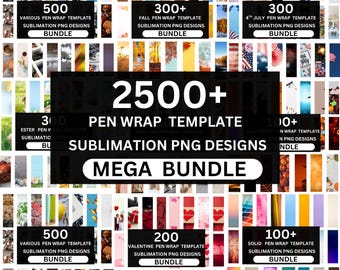 Könnte beinhalten: Ein Mega-Bundle von Stifthüllen-Vorlagen mit Sublimations-PNG-Designs. Das Bild zeigt verschiedene Themen-Bundles, darunter 500 Designs, 300+ Herbst-Designs, 300 Designs zum 4. Juli, 200 Valentinstags-Designs und 100+ einfarbige Designs. Der Text lautet "2500+ PEN WRAP TEMPLATE SUBLIMATION PNG DESIGNS MEGA BUNDLE."