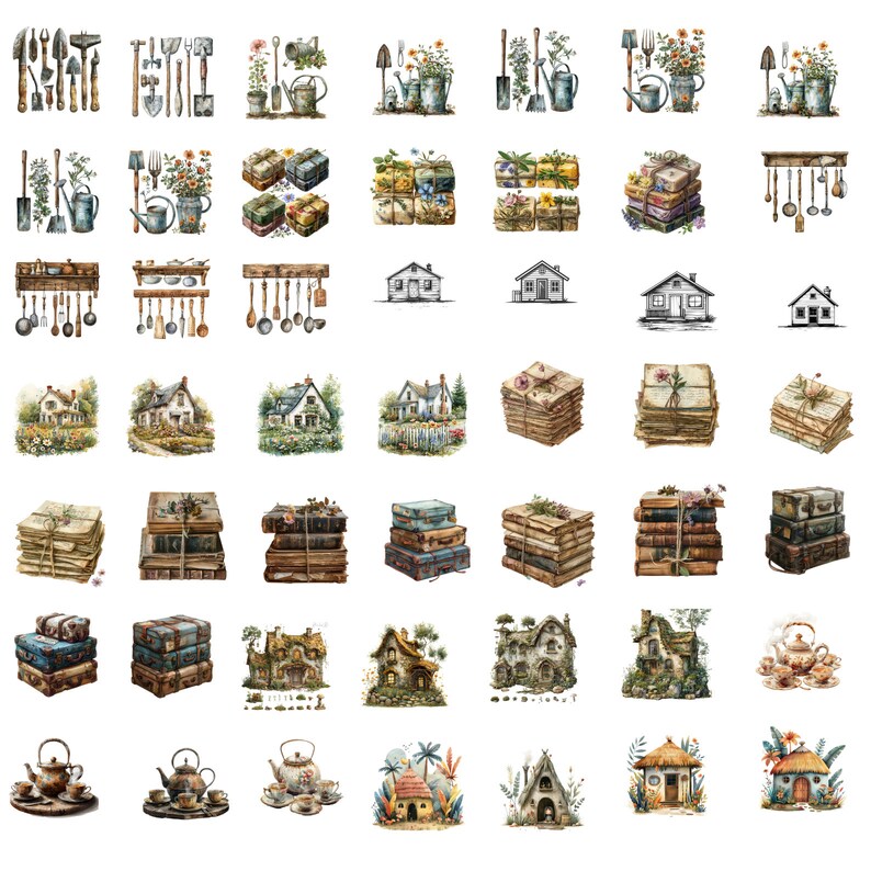 May include: A collection of watercolor illustrations featuring various themes, including gardening, home decor, and books. The illustrations are in a vintage style and feature a variety of colors, including green, blue, brown, and white.