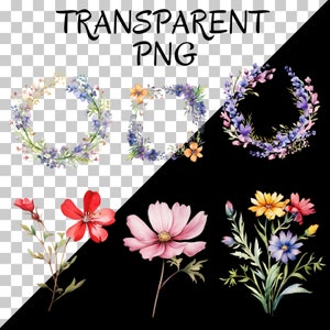May include: A set of watercolor floral illustrations featuring wreaths and bouquets. The wreaths are made of lavender, blue, and yellow flowers. The bouquets feature pink, red, yellow, and blue flowers.