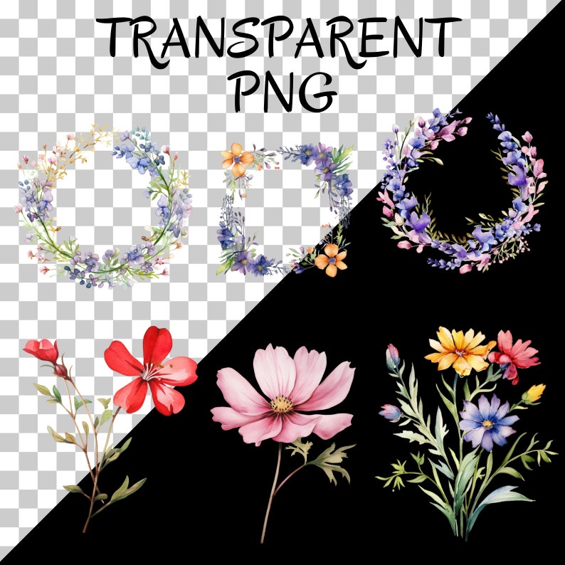 May include: A set of watercolor floral illustrations featuring wreaths and bouquets. The wreaths are made of lavender, blue, and yellow flowers. The bouquets feature pink, red, yellow, and blue flowers.