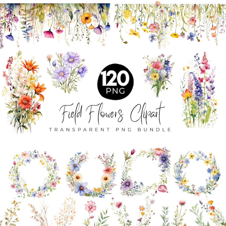 120 Field Flowers Clipart Png Bundle, Watercolor Wildflowers, Colorful Bouquets, Watercolor Wreath Png, Floral Frames Clipart, Floral Decors image 1
