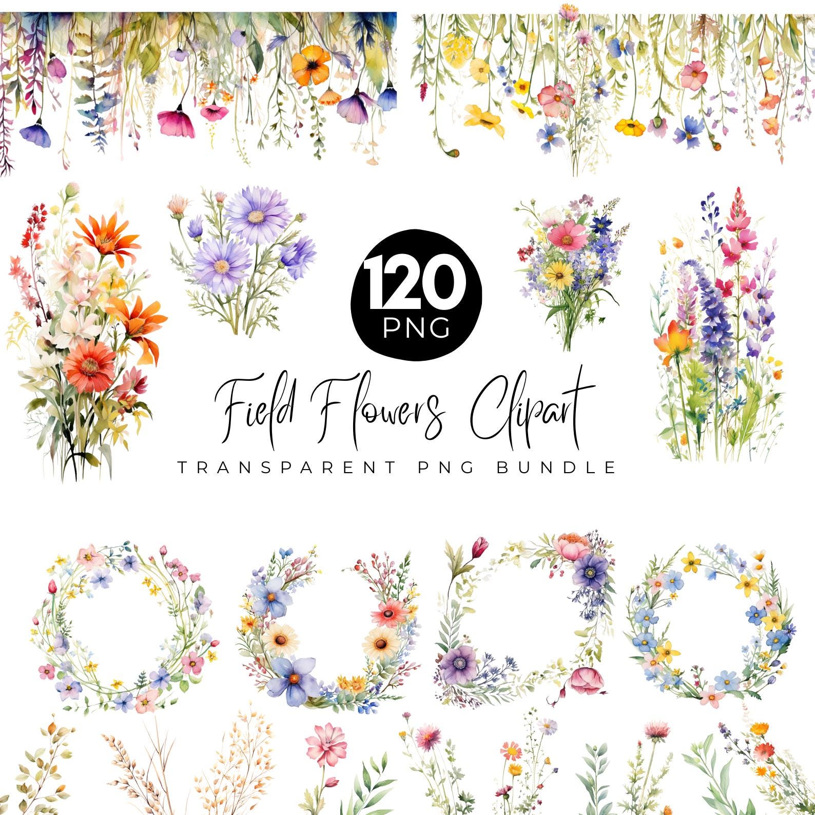 120 Field Flowers Clipart Png Bundle, Watercolor Wildflowers, Colorful Bouquets, Watercolor Wreath Png, Floral Frames Clipart, Floral Decors