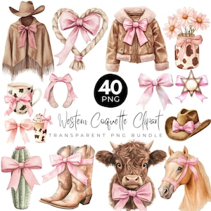 40 Western Coquette PNG Bundle, Western Coquette Bow Clipart,  House, Hat & Mug Bow Designs, Cowgirl Hat, Cowboy Boots PNG, Digital Download