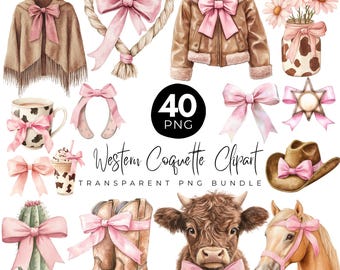 40 Western Coquette PNG Bundle, Western Coquette Bow Clipart,  House, Hat & Mug Bow Designs, Cowgirl Hat, Cowboy Boots PNG, Digital Download