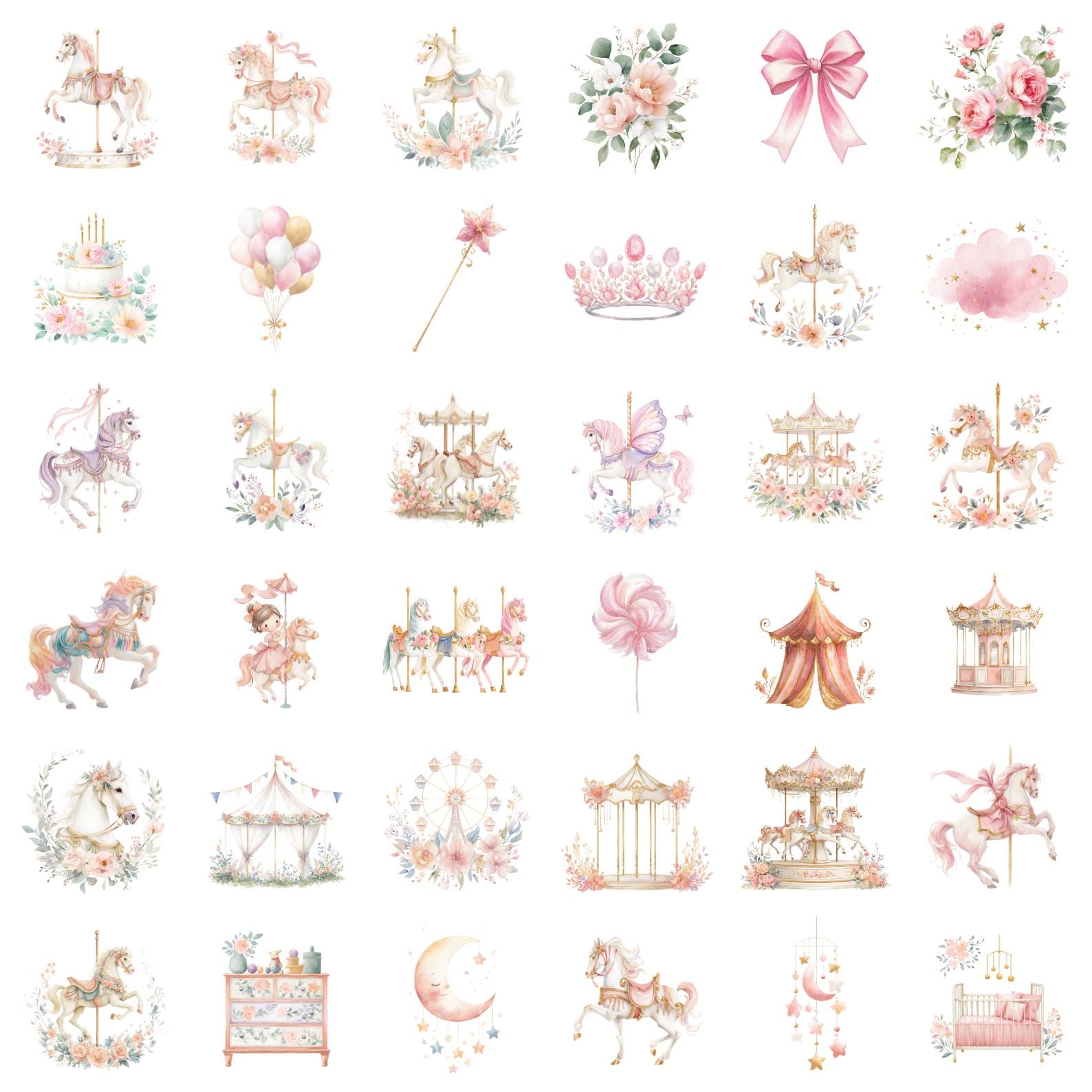 Pink Carousel Pattern Watercolor Pink Carousel Clipart Bundle, Whimsical Horse Nursery Decor ...